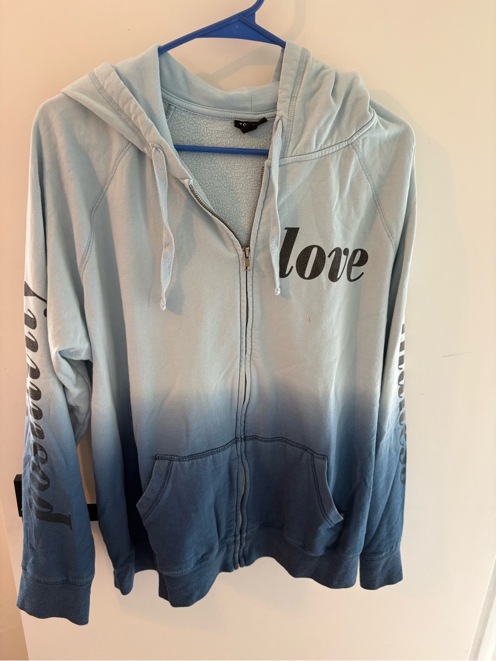 Torrid Size 2 18/20 Ombre Blue Zip Up Hoodie Love Graphic Sleeve Plus Size